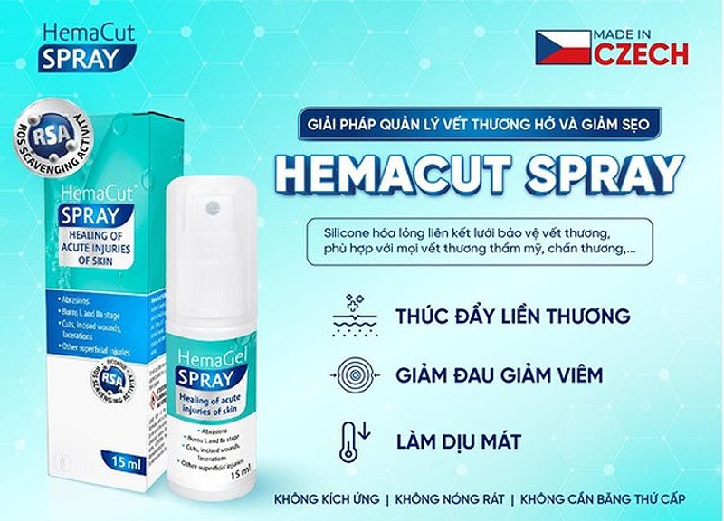 Hình ảnh sản phẩm xịt hỗ trợ lành vết thương HemaCut Spray, giúp ngăn ngừa nhiễm trùng và thúc đẩy quá trình hồi phục.